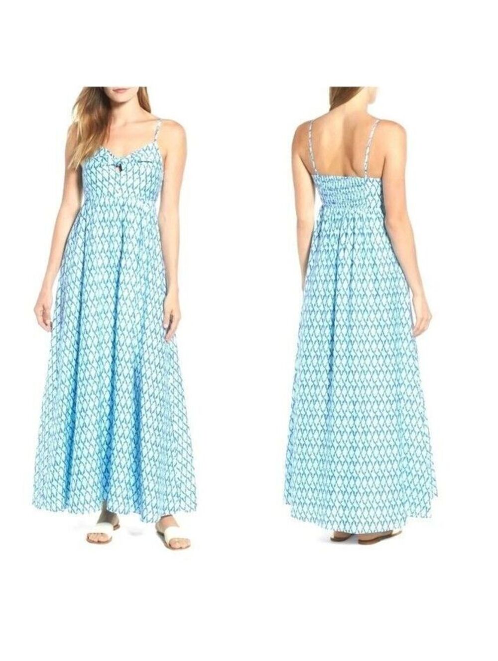 Vineyard Vines Lattice Print Tie Front Maxi Dress Size M Silk Blend Blue Teal